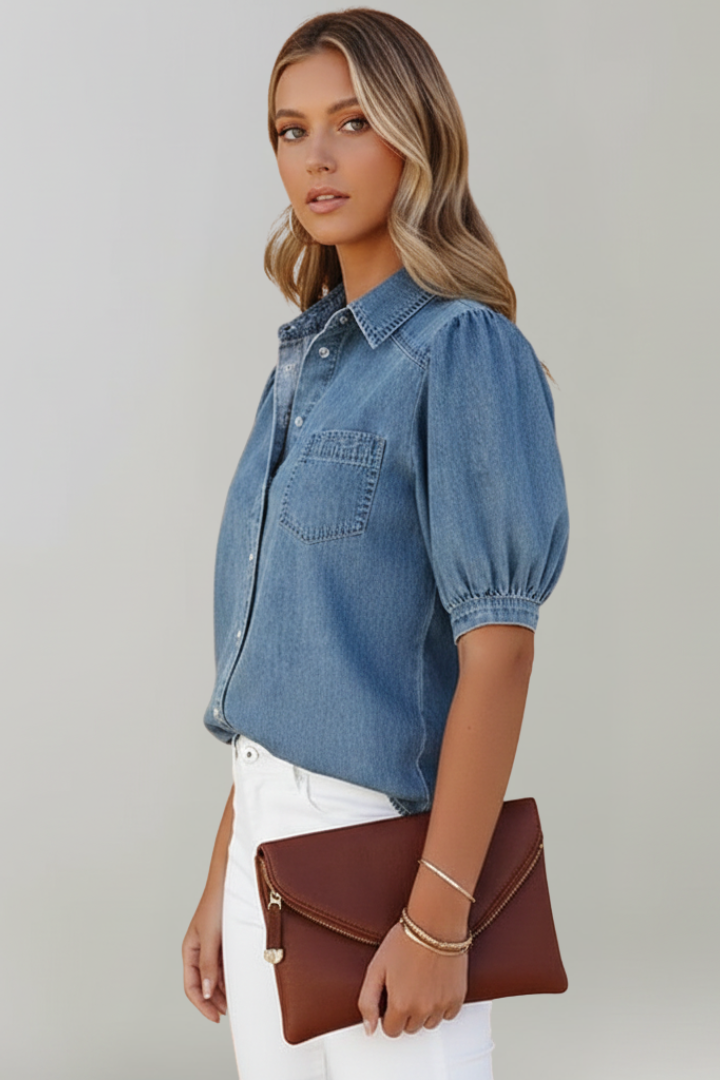 Orvessa | Women’s Denim Shirt – Puff Sleeve Button-Up Blouse, Relaxed Fit Collared Top