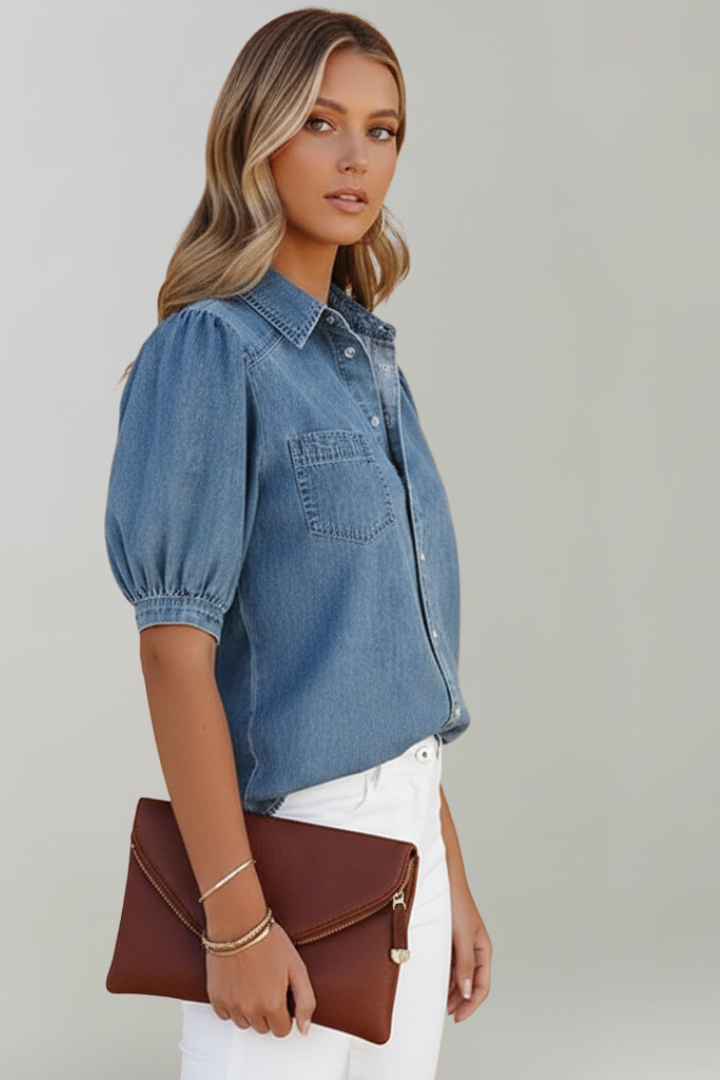 Orvessa | Women’s Denim Shirt – Puff Sleeve Button-Up Blouse, Relaxed Fit Collared Top