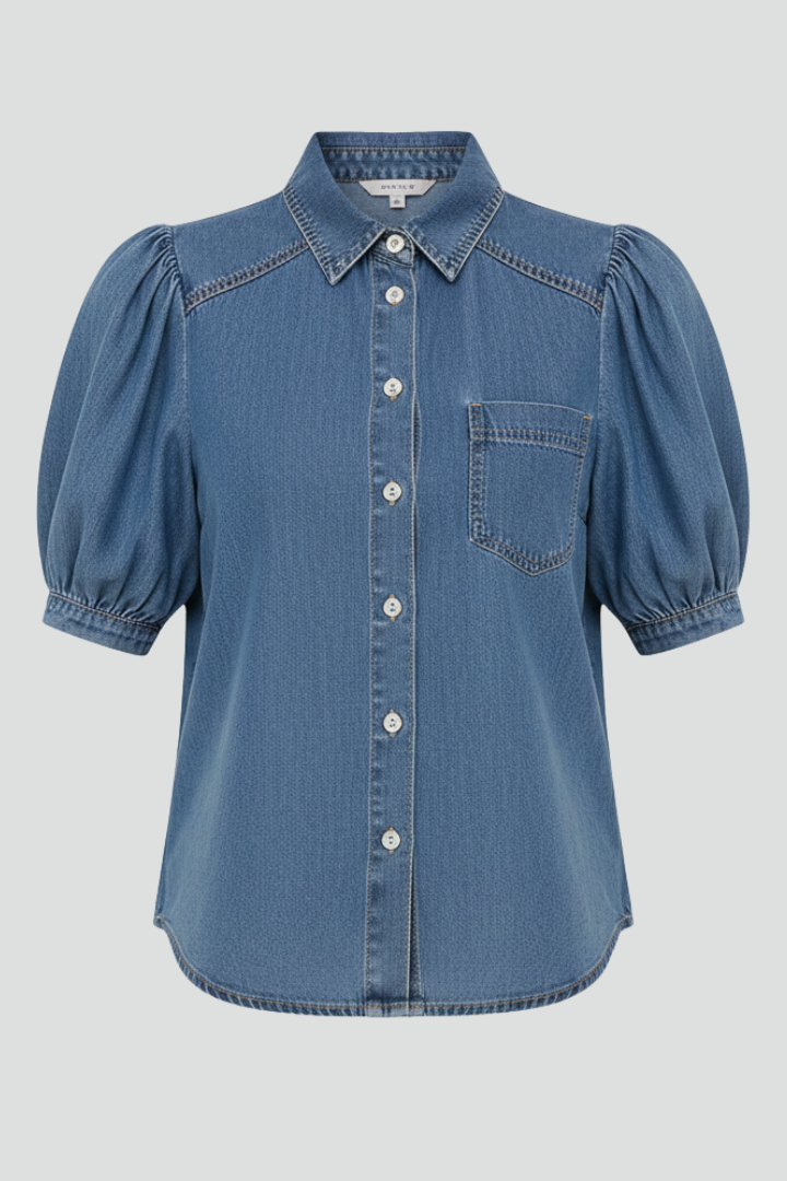 Orvessa | Women’s Denim Shirt – Puff Sleeve Button-Up Blouse, Relaxed Fit Collared Top