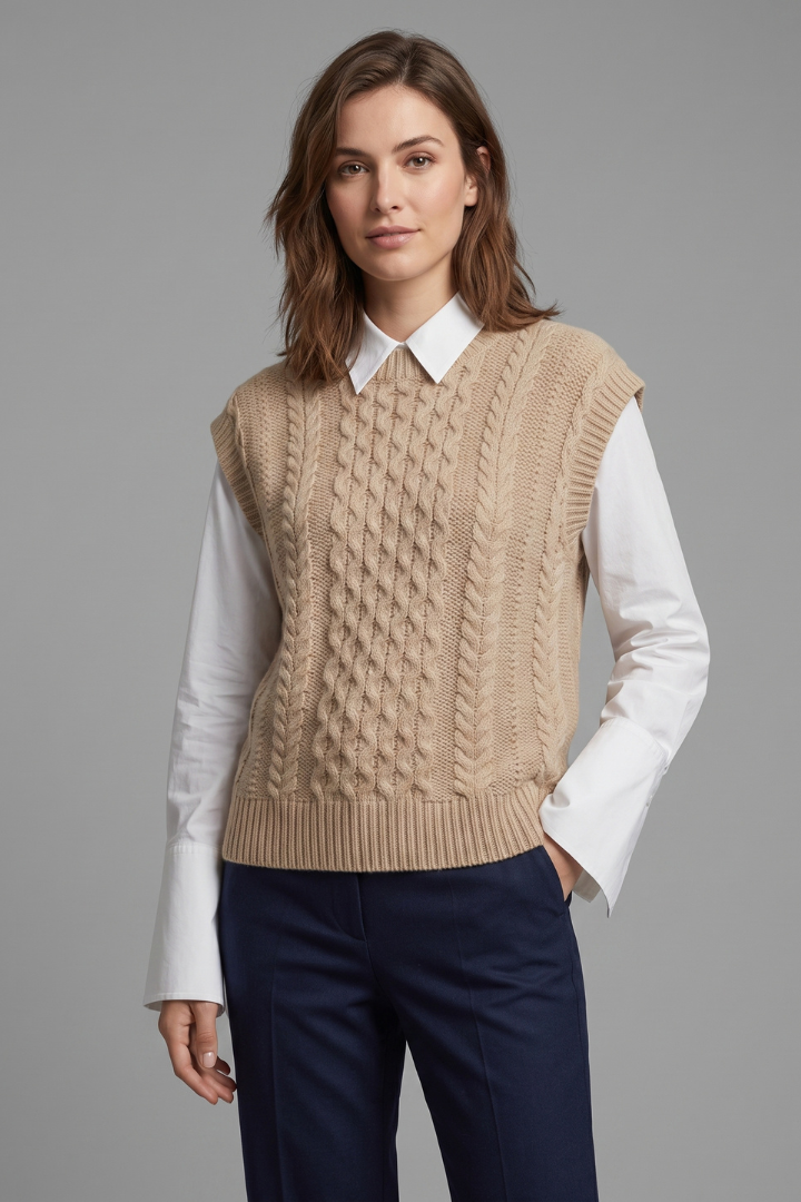 Ottilie | Women's Sleeveless Cable Knit Vest – Crew Neck Sweater Pullover