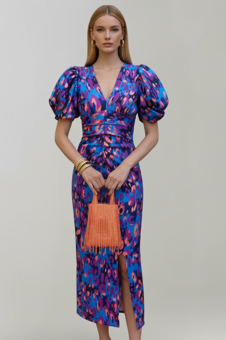 Paisley | Women’s Midi Dress - V-Neck, Puff Sleeves, Ruched Waist, Abstract Print