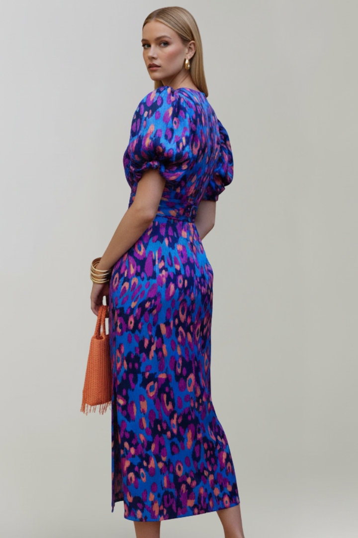 Paisley | Women’s Midi Dress - V-Neck, Puff Sleeves, Ruched Waist, Abstract Print