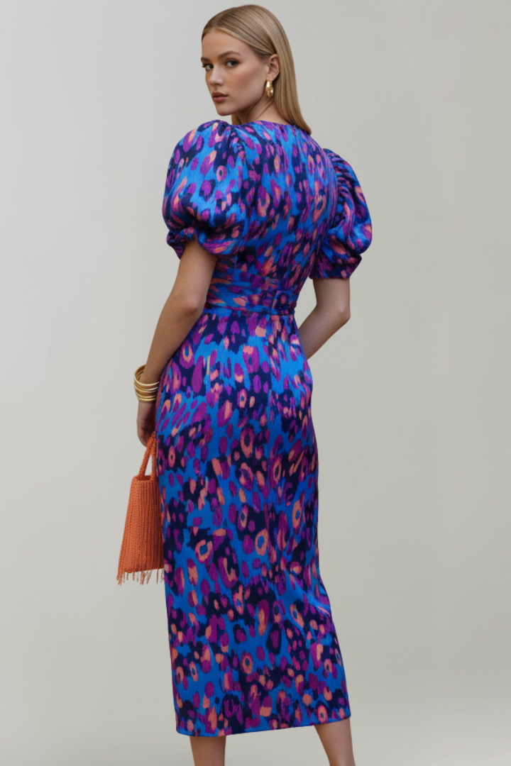 Paisley | Women’s Midi Dress - V-Neck, Puff Sleeves, Ruched Waist, Abstract Print