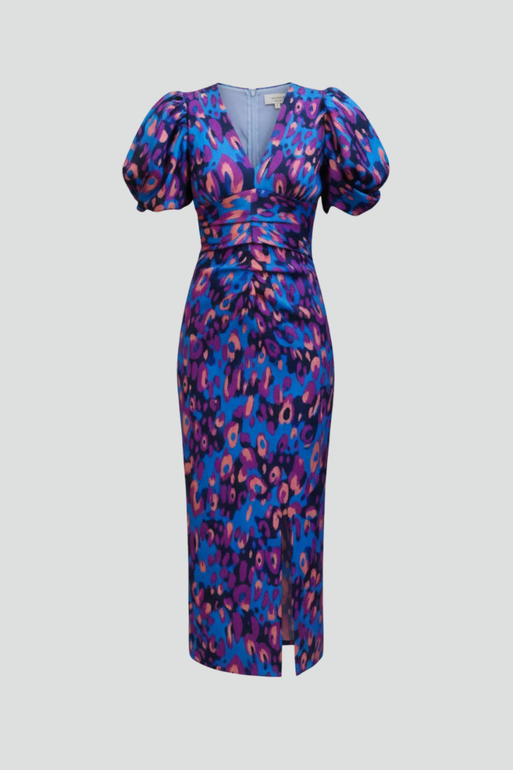 Paisley | Women’s Midi Dress - V-Neck, Puff Sleeves, Ruched Waist, Abstract Print
