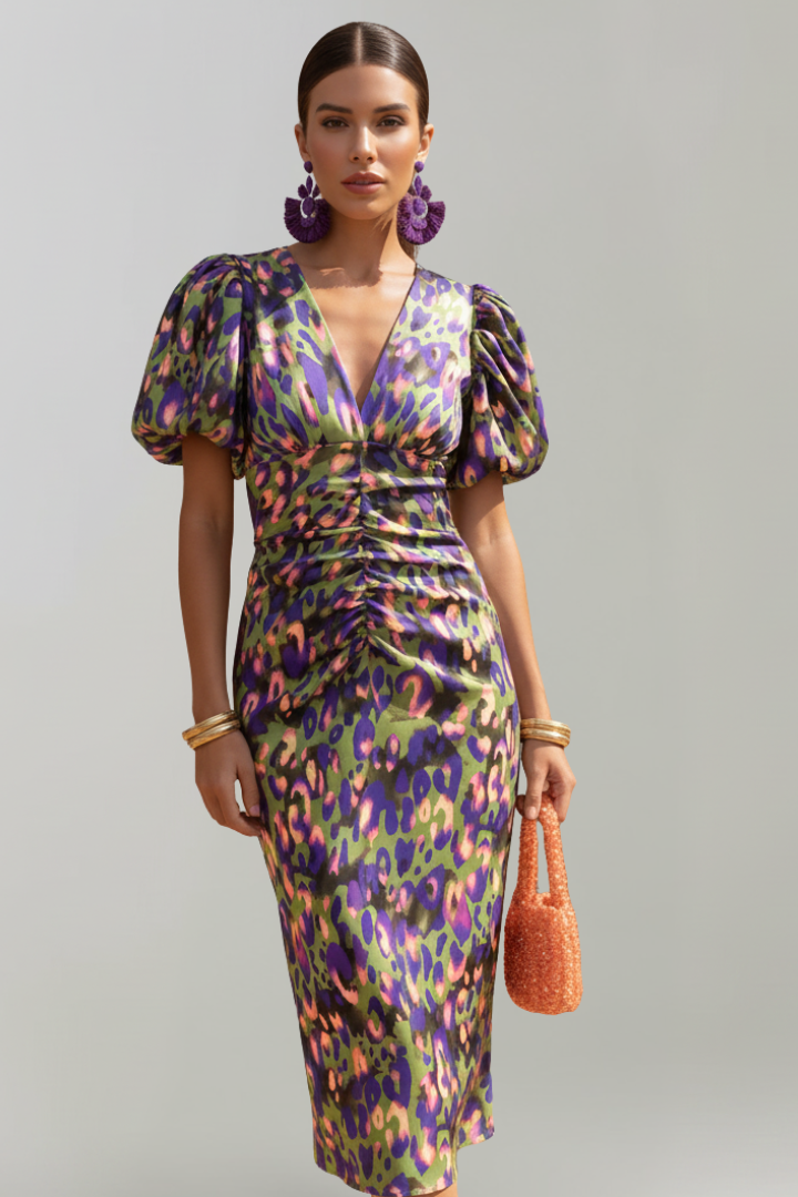 Paisley | Women’s Midi Dress - V-Neck, Puff Sleeves, Ruched Waist, Abstract Print