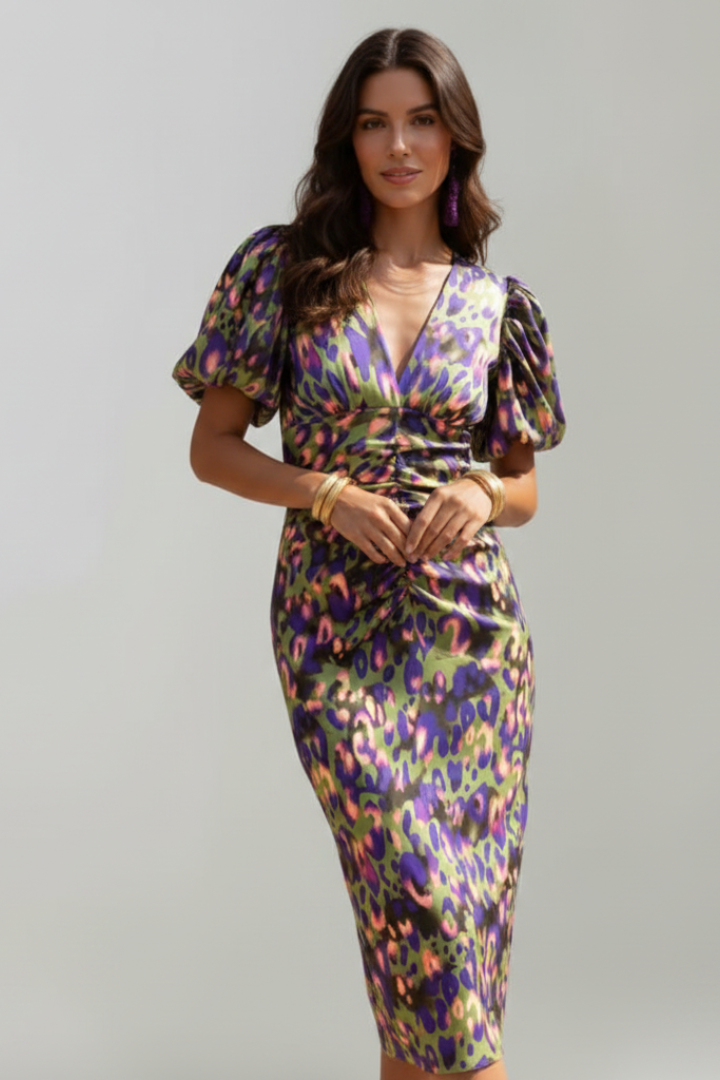 Paisley | Women’s Midi Dress - V-Neck, Puff Sleeves, Ruched Waist, Abstract Print