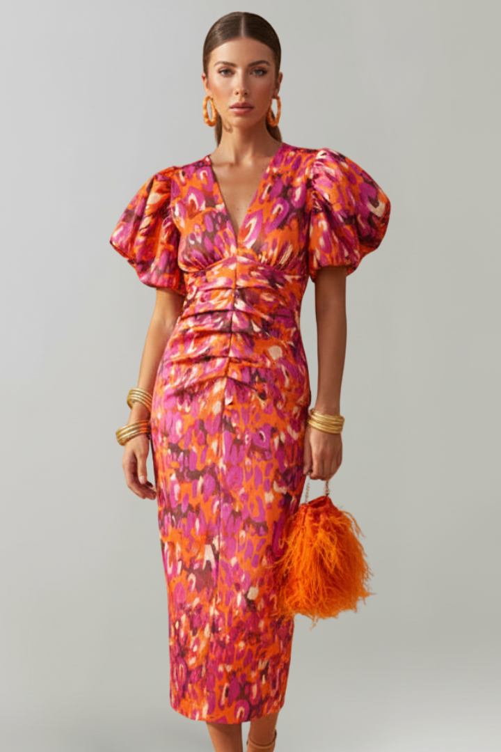 Paisley | Women’s Midi Dress - V-Neck, Puff Sleeves, Ruched Waist, Abstract Print