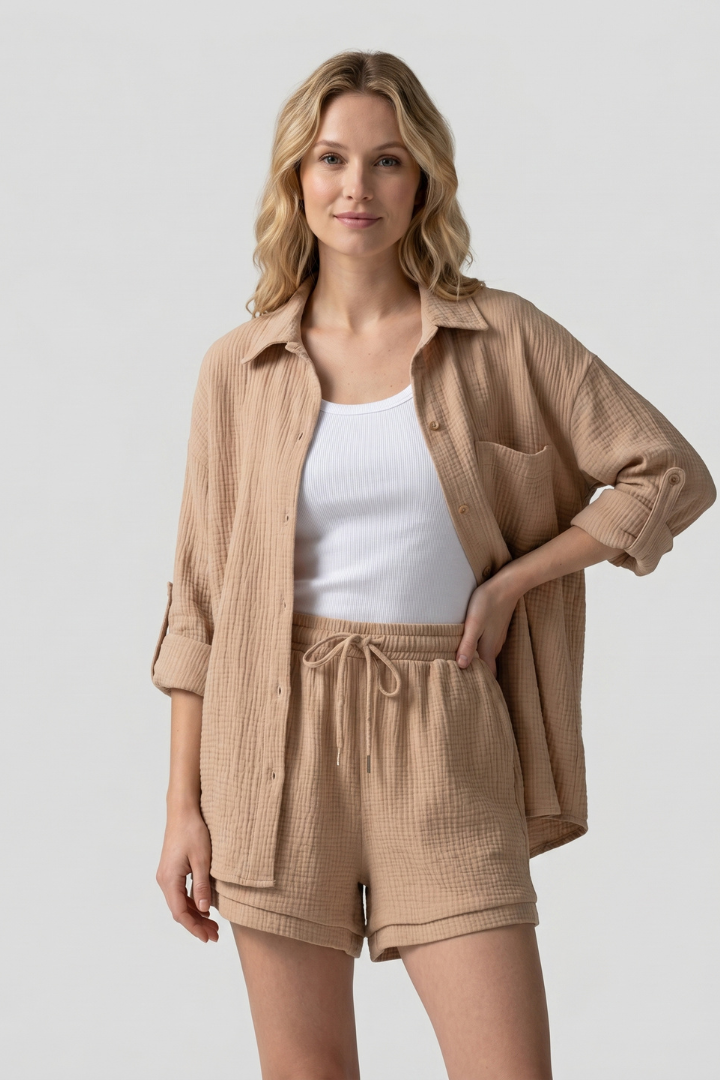 Palia | Women’s 2-Piece Set – Button Shirt & Drawstring Shorts