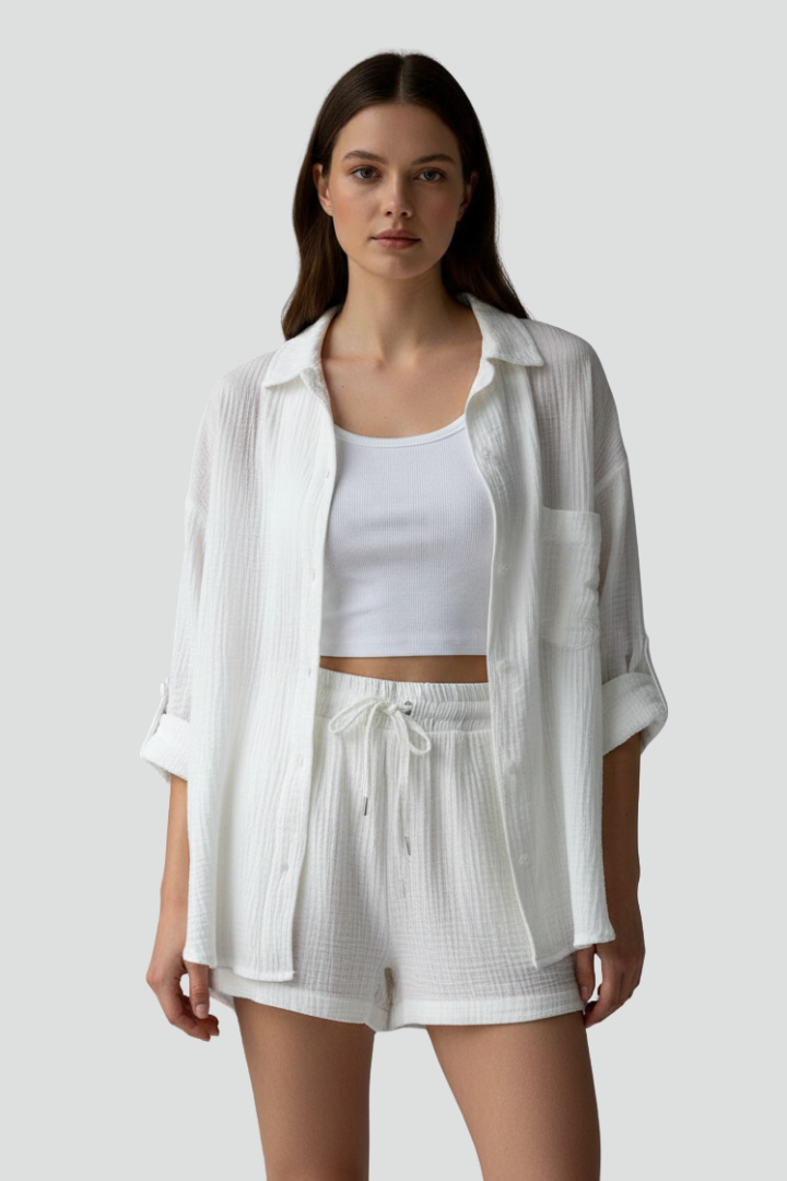 Palia | Women’s 2-Piece Set – Button Shirt & Drawstring Shorts