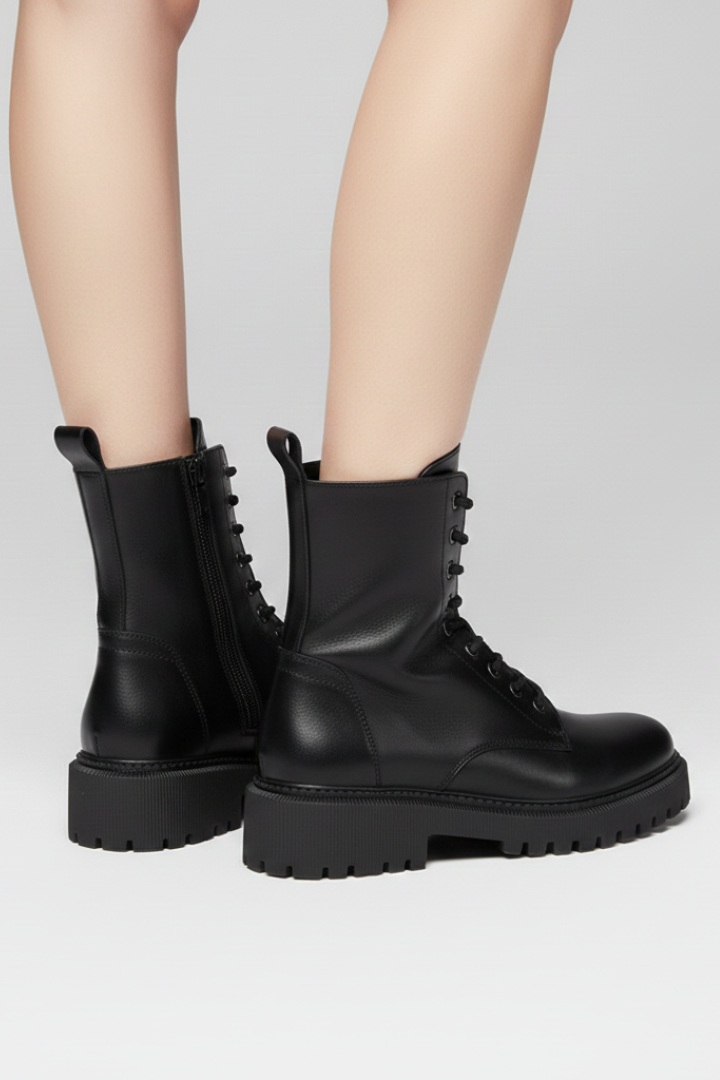 Pearlina | Women's Lace-Up Ankle Boots – Side Zip Chunky Sole Combat Boots