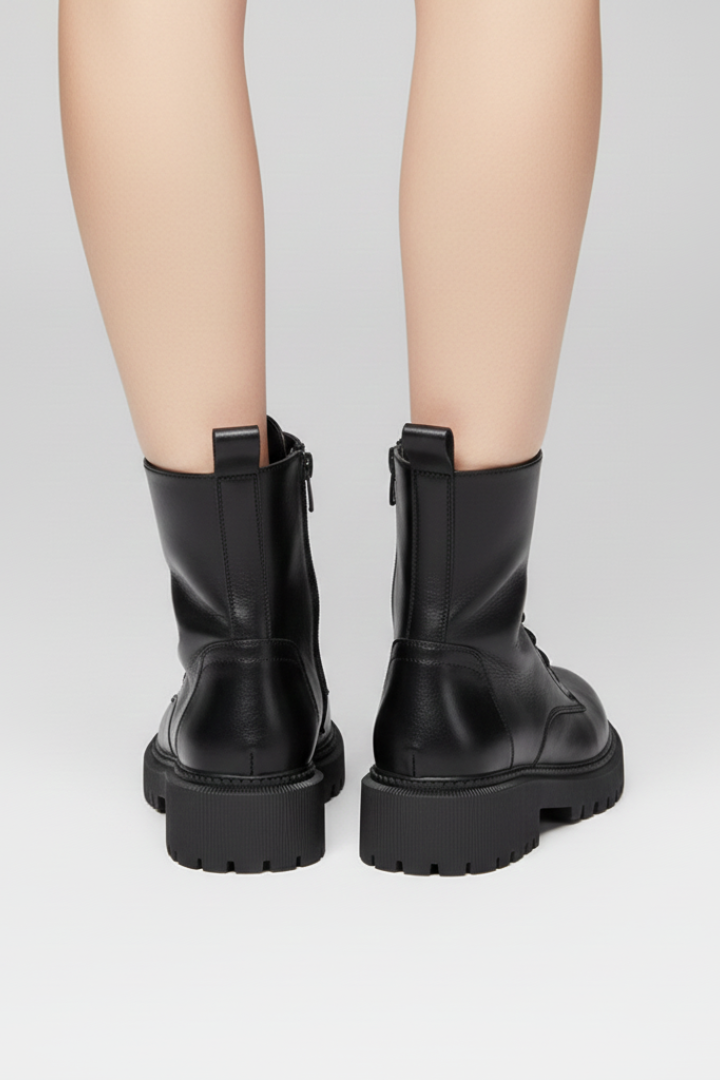 Pearlina | Women's Lace-Up Ankle Boots – Side Zip Chunky Sole Combat Boots