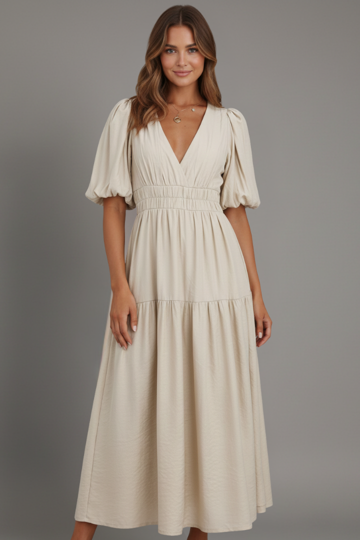 Pely | Women’s Elegant Midi Dress – V-Neck Tiered Puff Sleeve Summer Dress