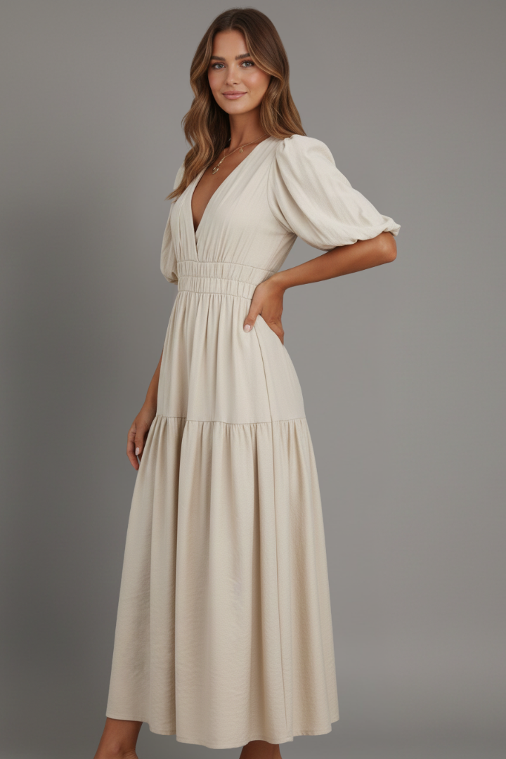 Pely | Women’s Elegant Midi Dress – V-Neck Tiered Puff Sleeve Summer Dress