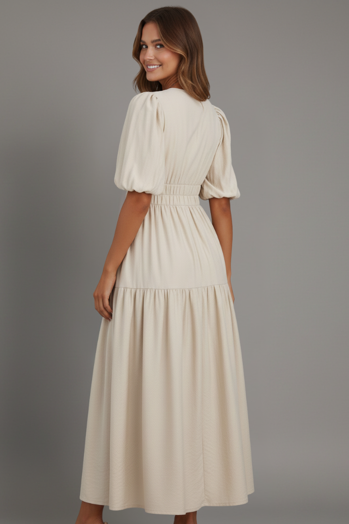Pely | Women’s Elegant Midi Dress – V-Neck Tiered Puff Sleeve Summer Dress