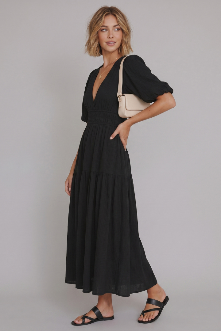 Pely | Women’s Elegant Midi Dress – V-Neck Tiered Puff Sleeve Summer Dress