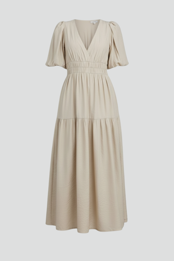Pely | Women’s Elegant Midi Dress – V-Neck Tiered Puff Sleeve Summer Dress