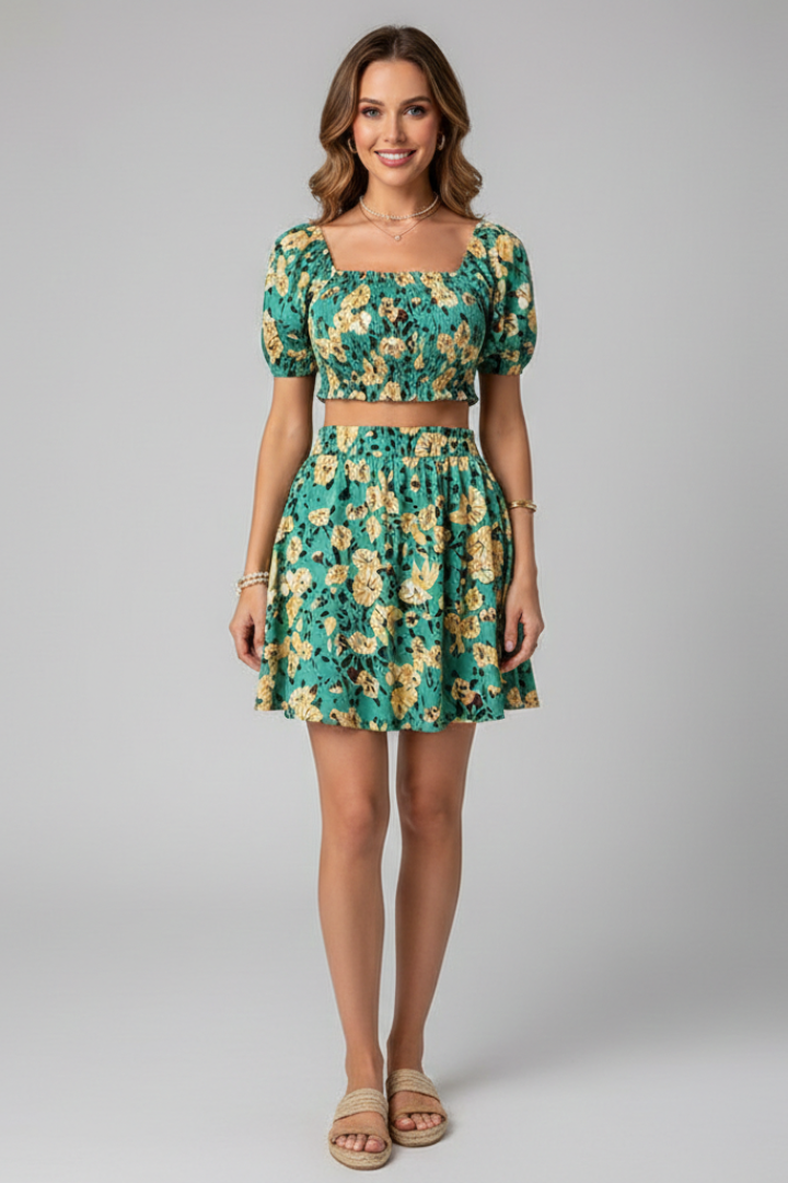 Perrie | Women's Floral Co-Ord Set - Square Neck Crop Top & Elastic Waist Flared Skirt