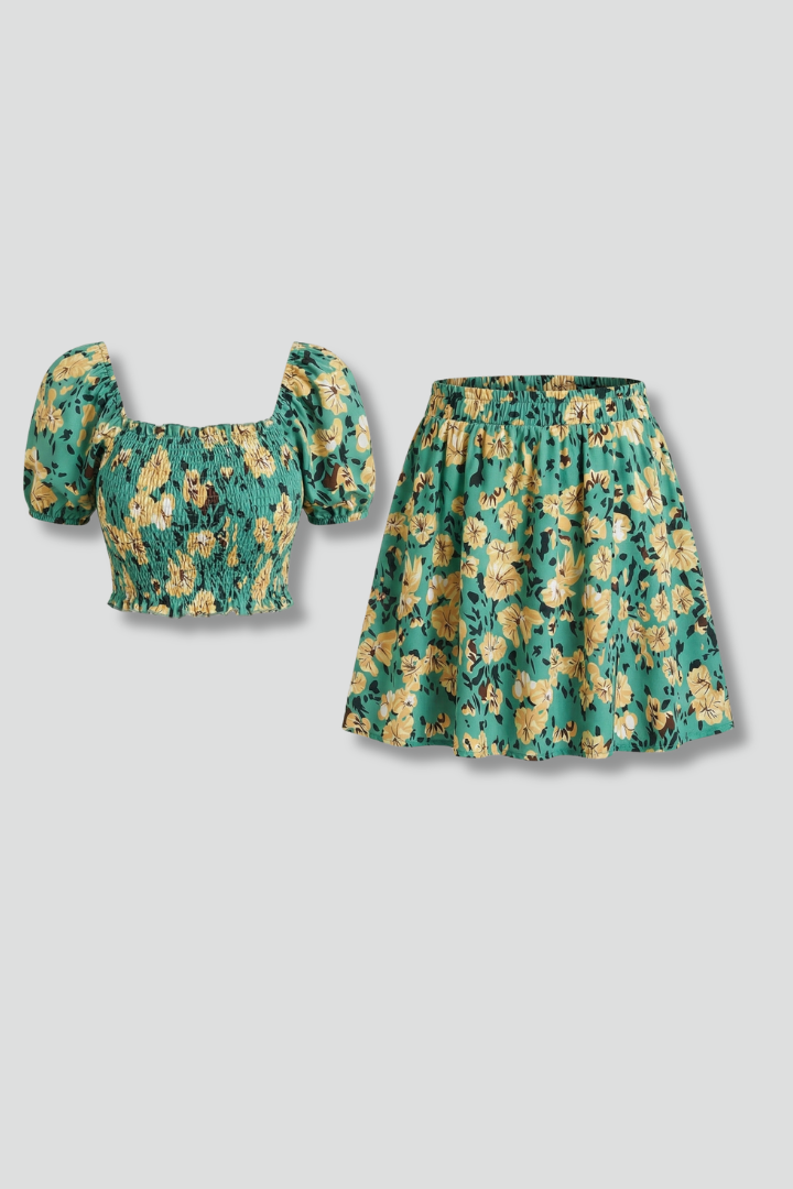 Perrie | Women's Floral Co-Ord Set - Square Neck Crop Top & Elastic Waist Flared Skirt