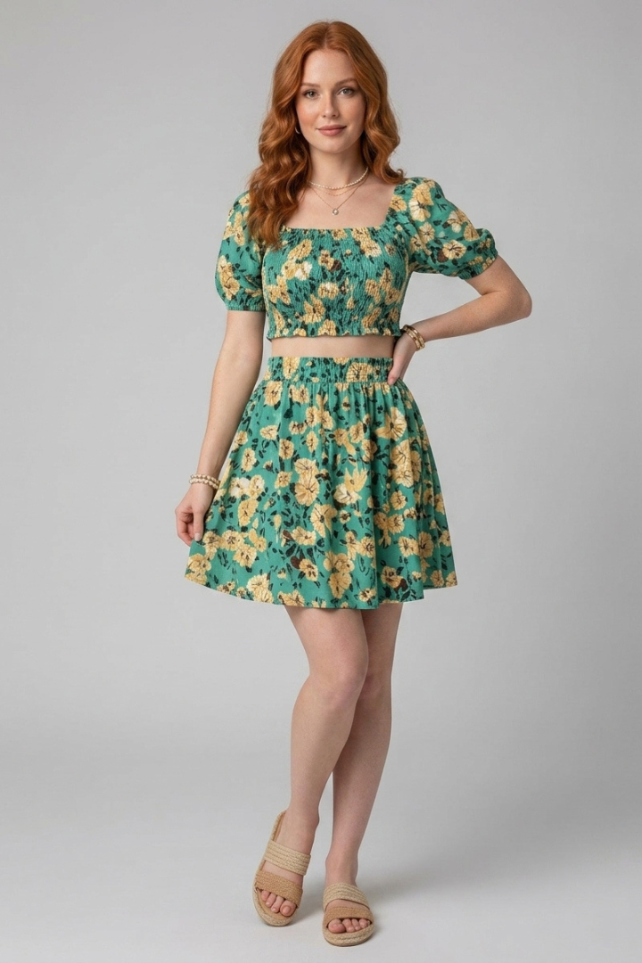Perrie | Women's Floral Co-Ord Set - Square Neck Crop Top & Elastic Waist Flared Skirt