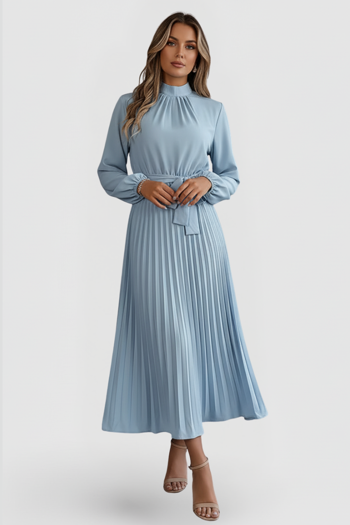 Qalire | Women’s Pleated Midi Dress – Long Sleeve Dress with Waist Tie Belt