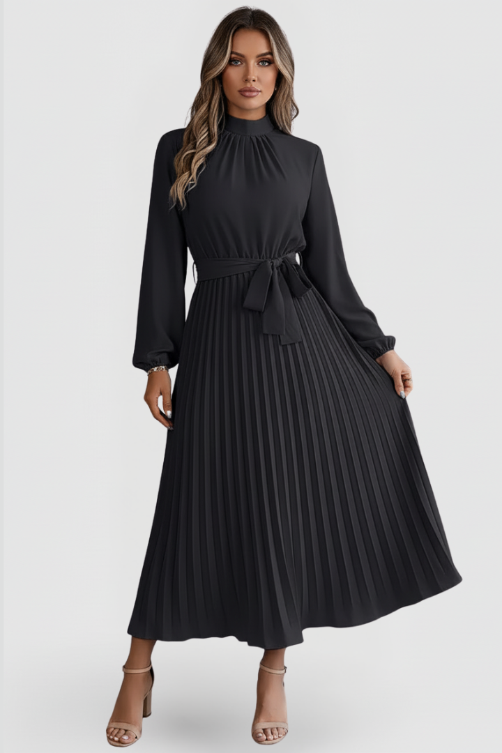 Qalire | Women’s Pleated Midi Dress – Long Sleeve Dress with Waist Tie Belt