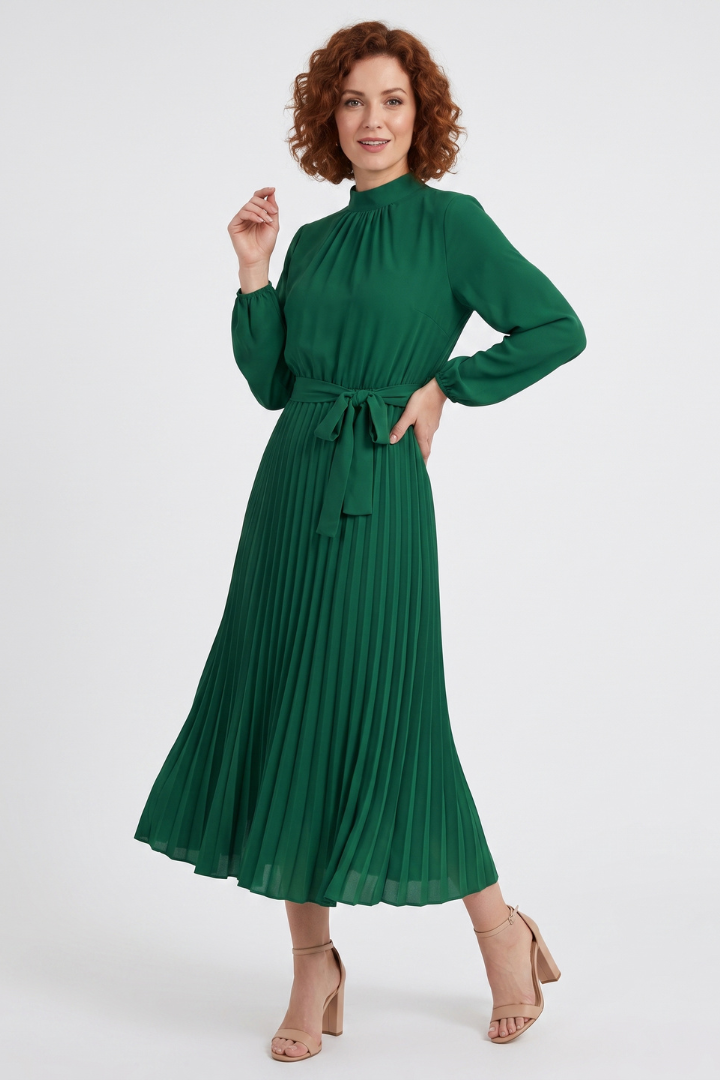 Qalire | Women’s Pleated Midi Dress – Long Sleeve Dress with Waist Tie Belt