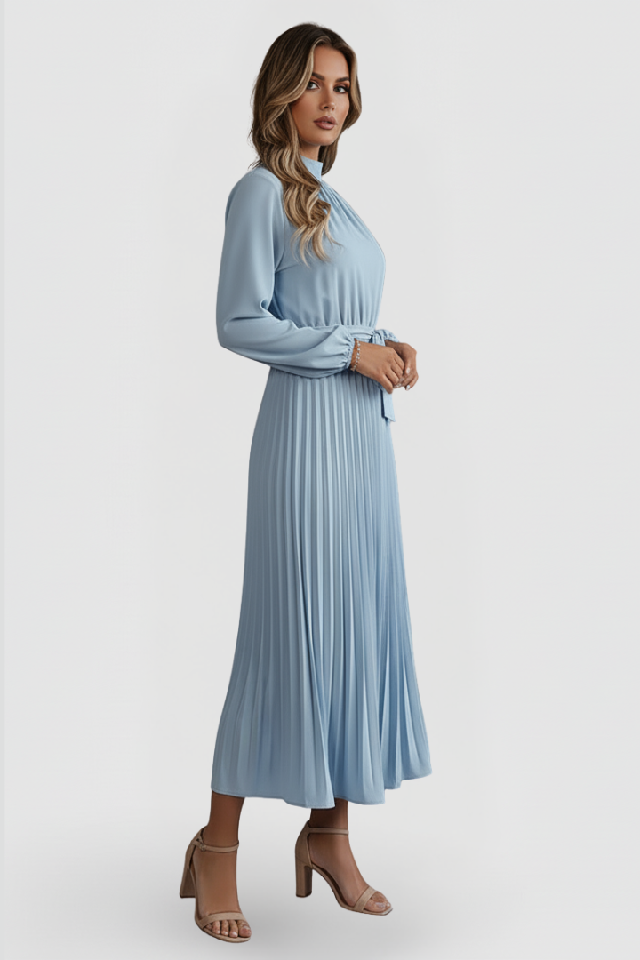 Qalire | Women’s Pleated Midi Dress – Long Sleeve Dress with Waist Tie Belt
