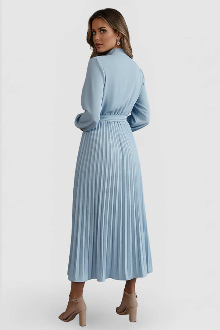 Qalire | Women’s Pleated Midi Dress – Long Sleeve Dress with Waist Tie Belt