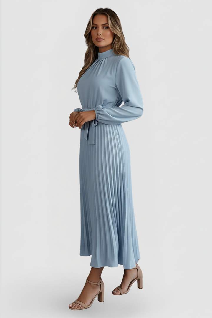 Qalire | Women’s Pleated Midi Dress – Long Sleeve Dress with Waist Tie Belt