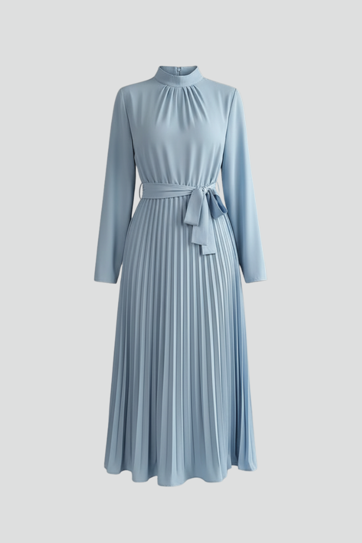 Qalire | Women’s Pleated Midi Dress – Long Sleeve Dress with Waist Tie Belt