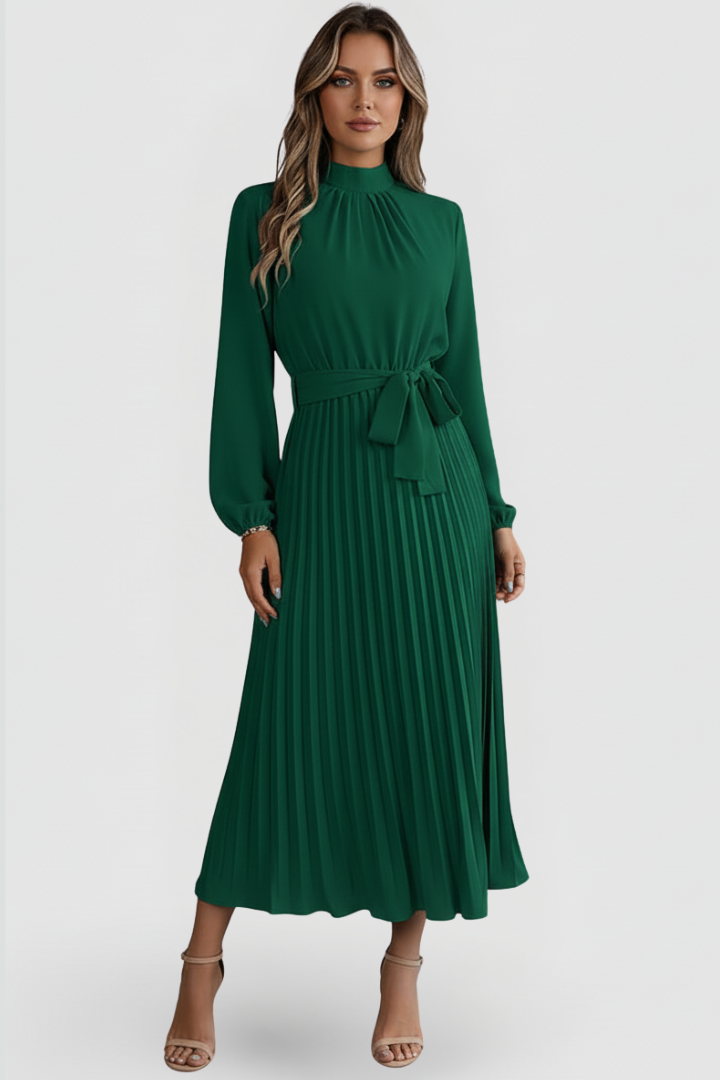 Qalire | Women’s Pleated Midi Dress – Long Sleeve Dress with Waist Tie Belt