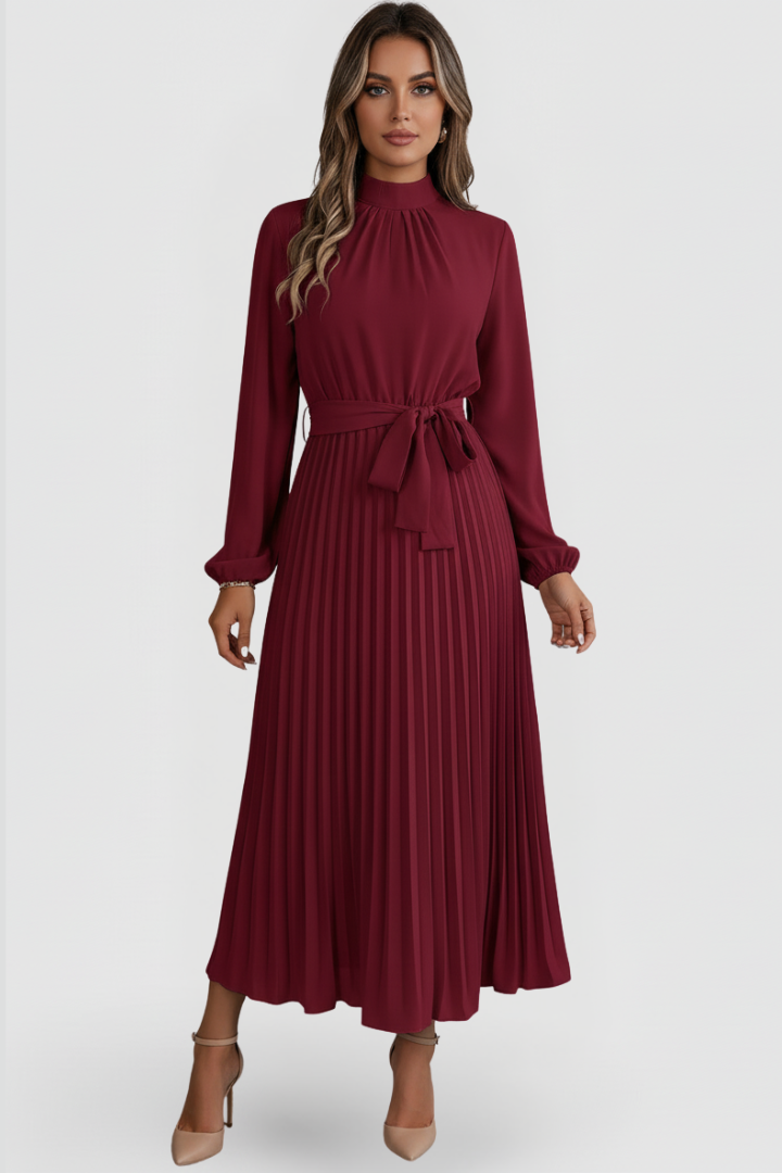 Qalire | Women’s Pleated Midi Dress – Long Sleeve Dress with Waist Tie Belt