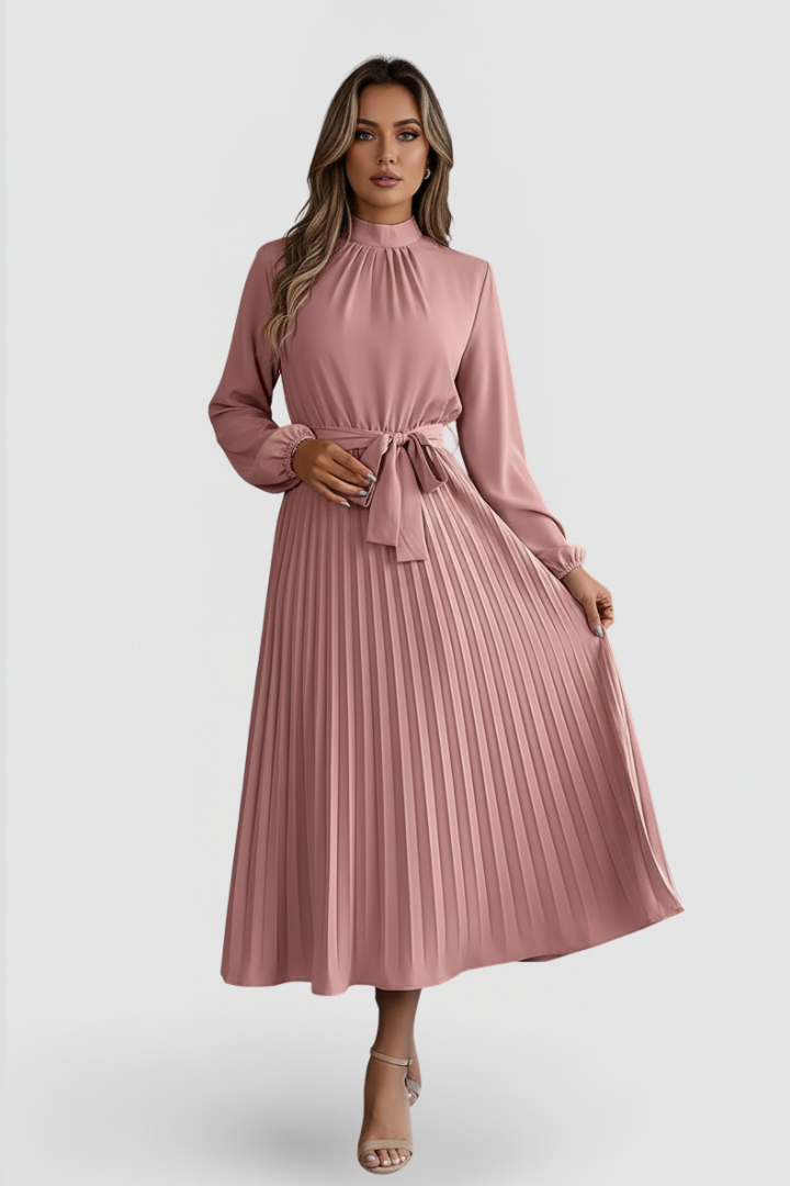 Qalire | Women’s Pleated Midi Dress – Long Sleeve Dress with Waist Tie Belt