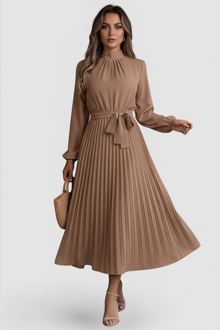 Qalire | Women’s Pleated Midi Dress – Long Sleeve Dress with Waist Tie Belt