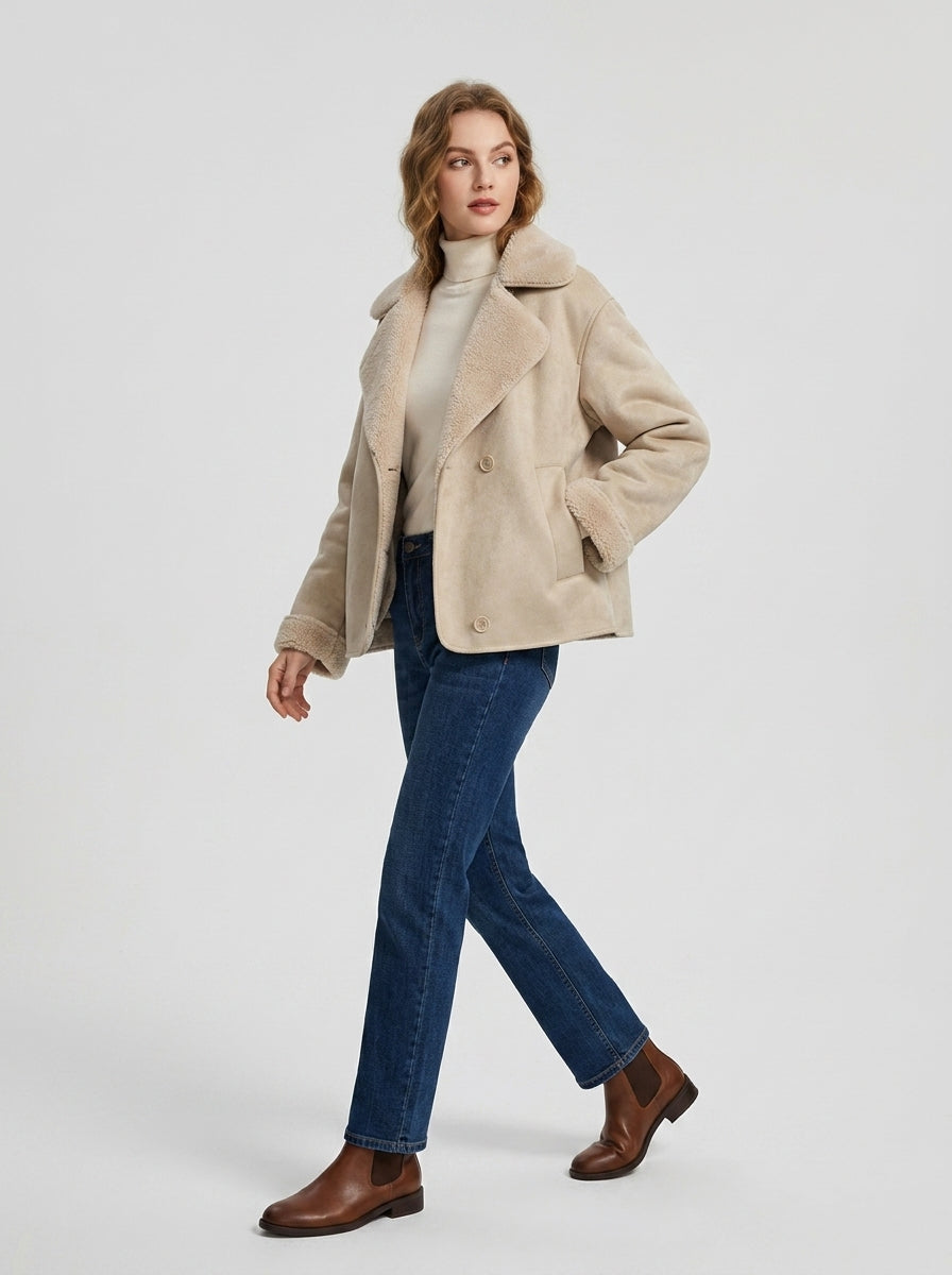Quintessa | Women’s Faux Shearling Jacket – Notched Collar Button-Up Coat