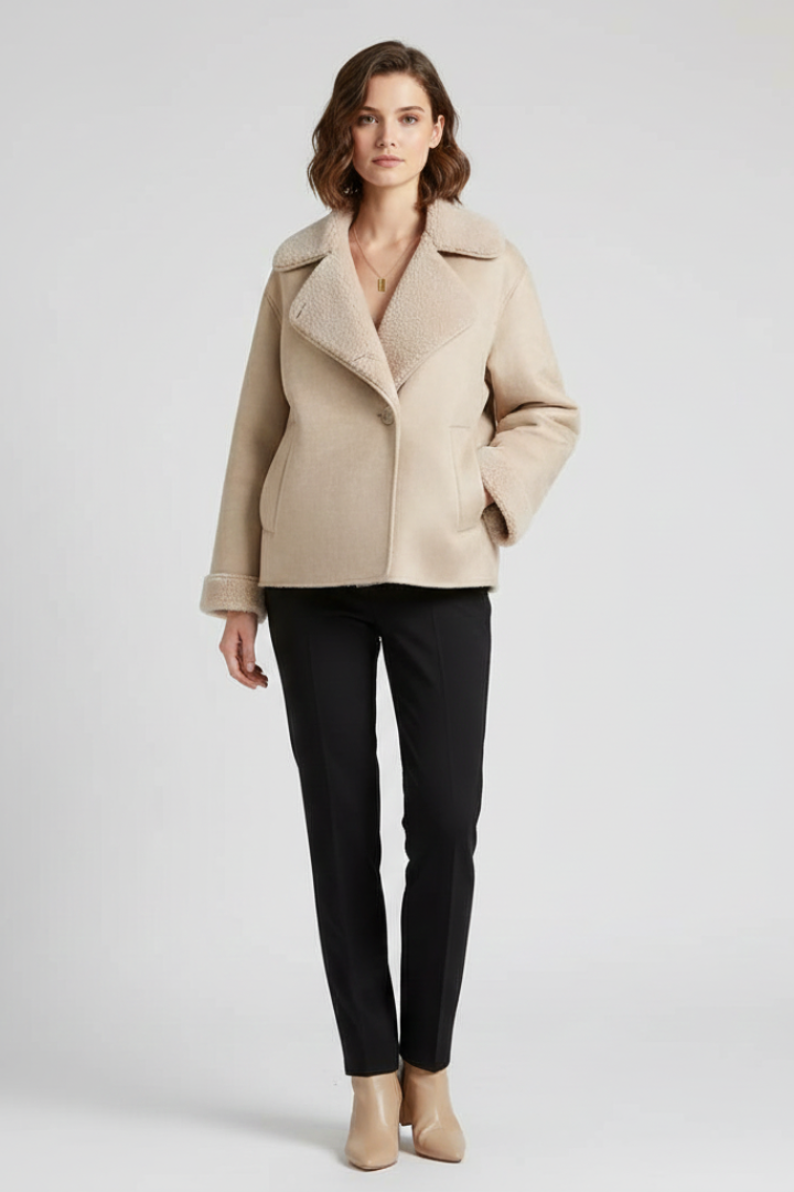Quintessa | Women’s Faux Shearling Jacket – Notched Collar Button-Up Coat