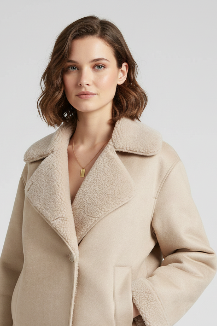 Quintessa | Women’s Faux Shearling Jacket – Notched Collar Button-Up Coat