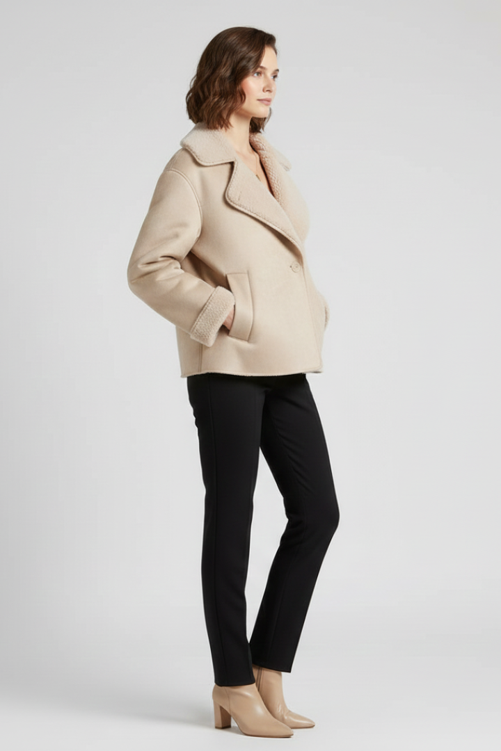 Quintessa | Women’s Faux Shearling Jacket – Notched Collar Button-Up Coat