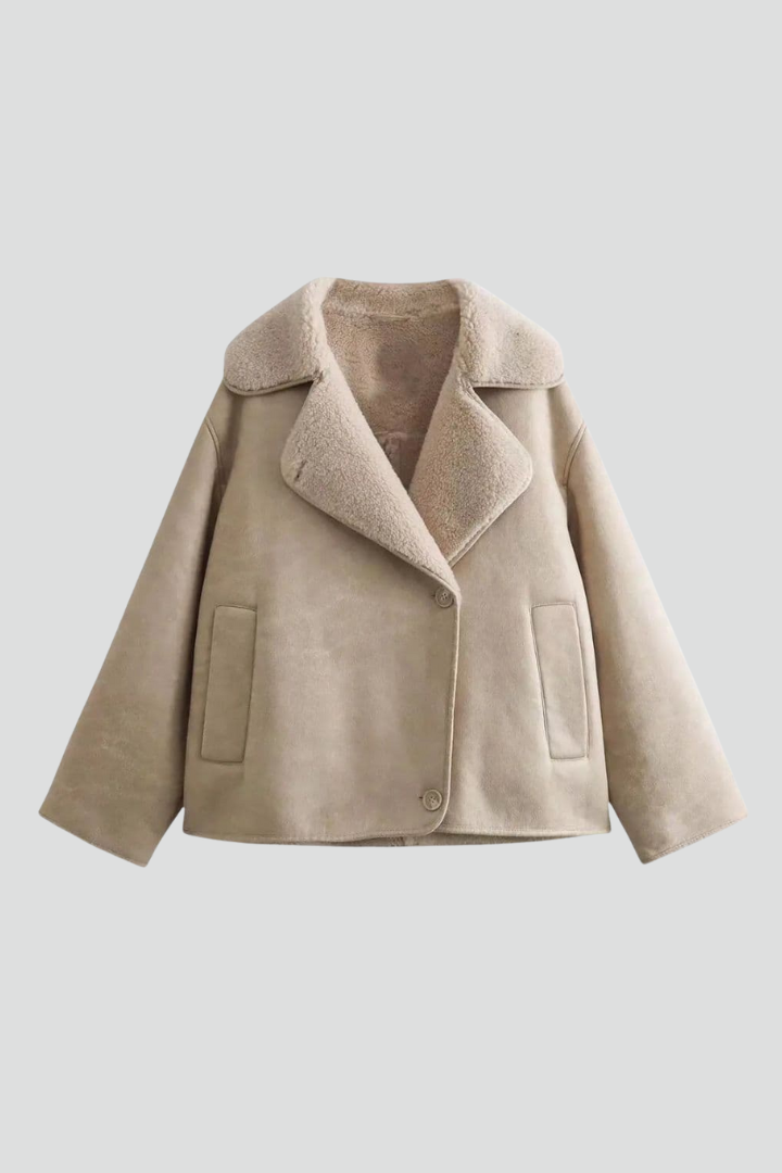 Quintessa | Women’s Faux Shearling Jacket – Notched Collar Button-Up Coat
