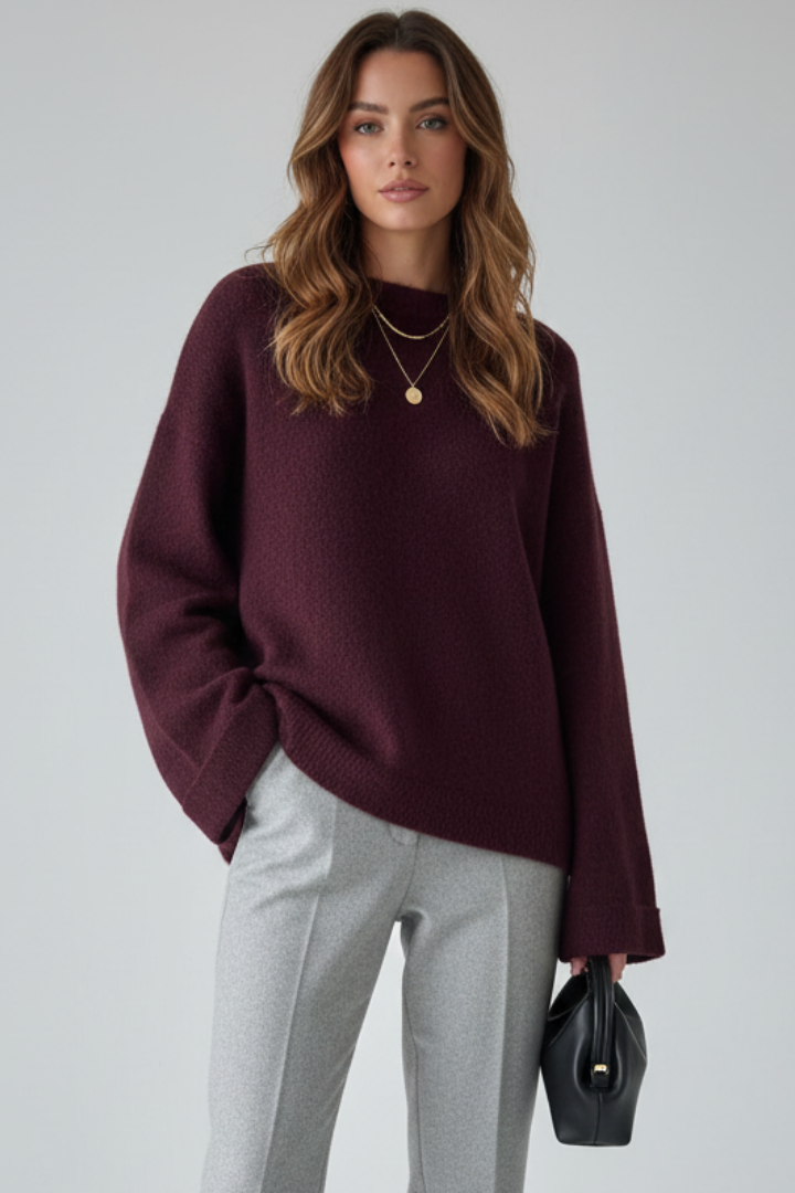 Raven | Women's Textured Knit Sweater – Mid-Length Round Neck Pullover