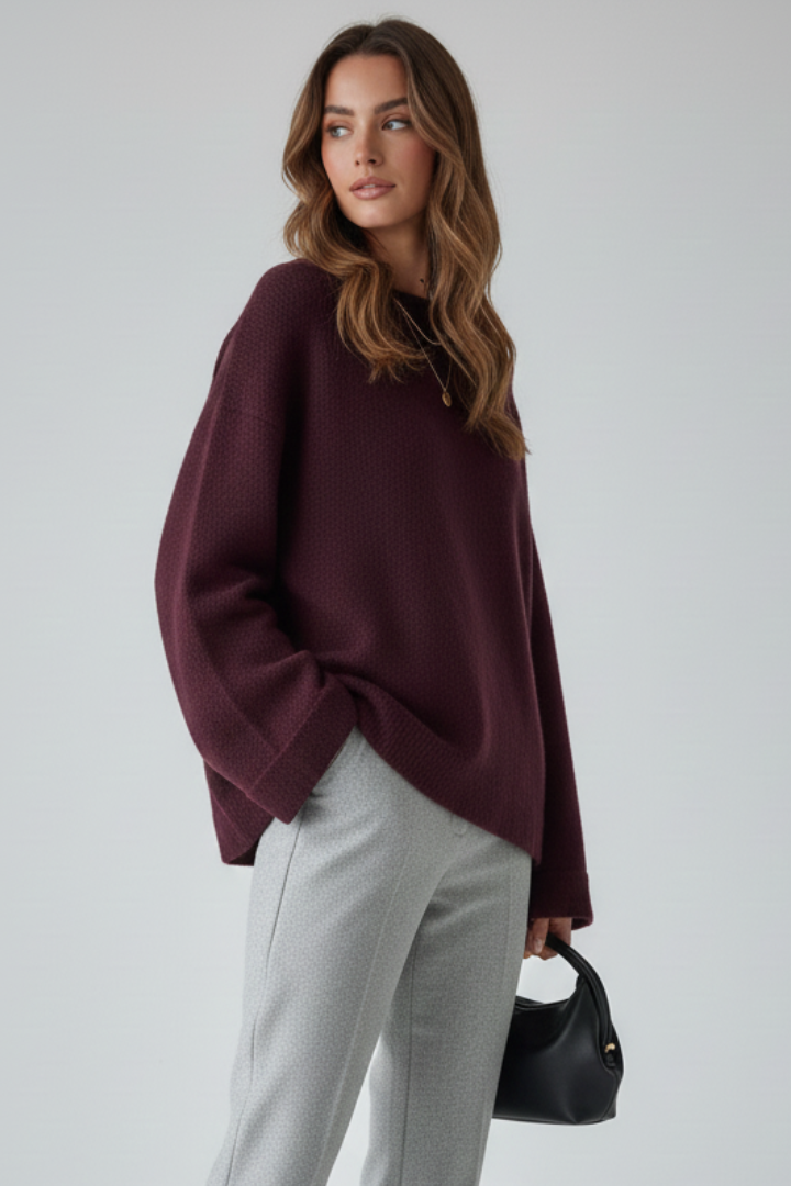 Raven | Women's Textured Knit Sweater – Mid-Length Round Neck Pullover