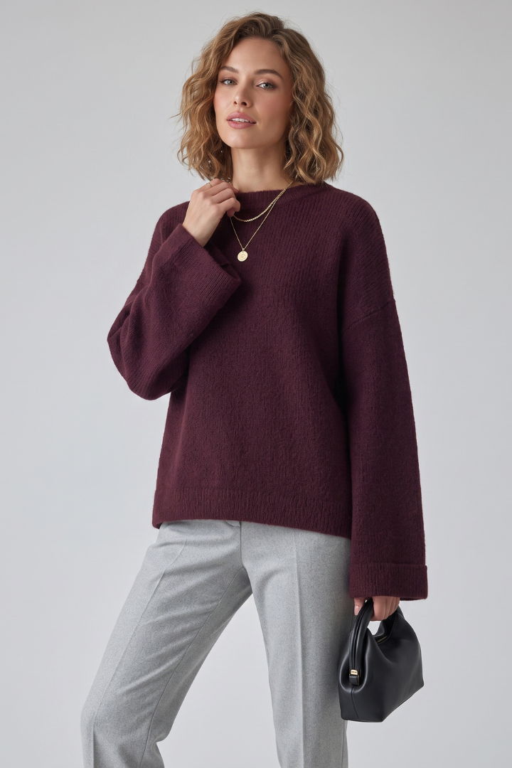 Raven | Women's Textured Knit Sweater – Mid-Length Round Neck Pullover