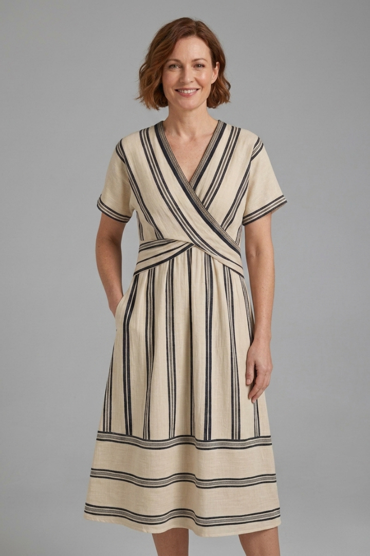 Remi | Women's Long Wrap Dress – Striped V Neck Short Sleeve Maxi Dress