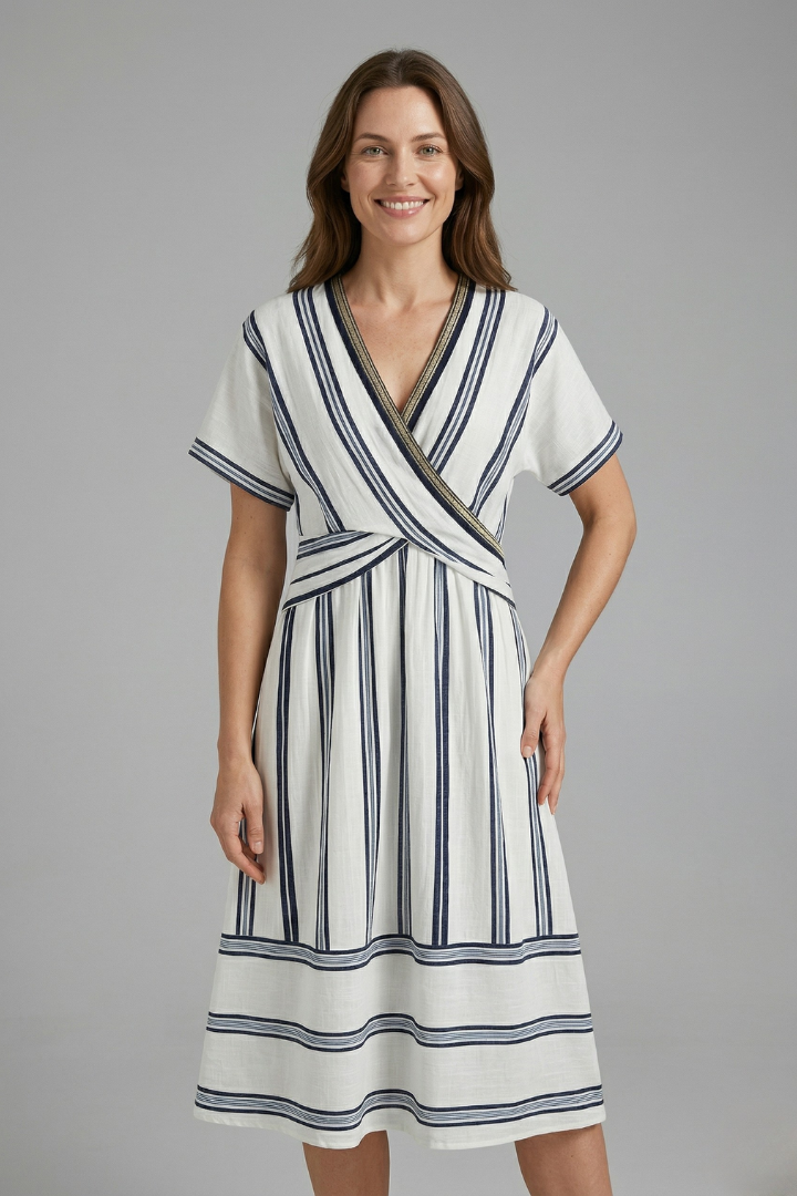 Remi | Women's Long Wrap Dress – Striped V Neck Short Sleeve Maxi Dress