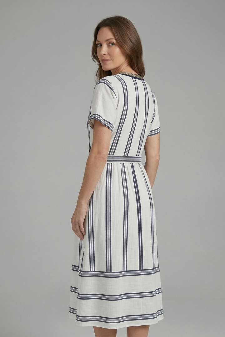 Remi | Women's Long Wrap Dress – Striped V Neck Short Sleeve Maxi Dress