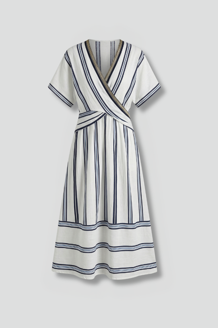 Remi | Women's Long Wrap Dress – Striped V Neck Short Sleeve Maxi Dress