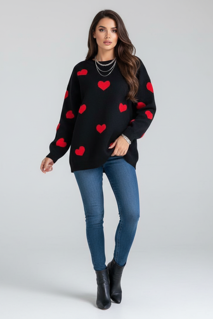 Renata | Women's Knit Sweater – Heart Print Round Neck Jumper