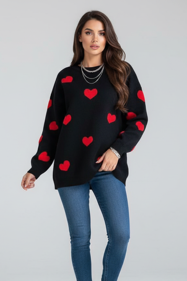 Renata | Women's Knit Sweater – Heart Print Round Neck Jumper