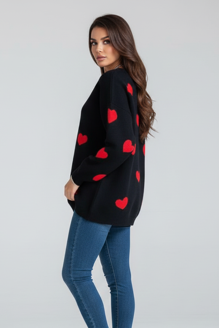 Renata | Women's Knit Sweater – Heart Print Round Neck Jumper