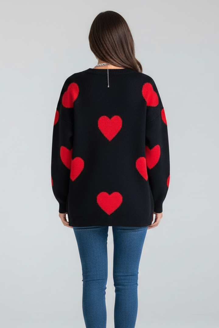 Renata | Women's Knit Sweater – Heart Print Round Neck Jumper